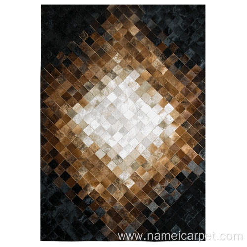 Luxury brown cowhide leather patchwork rug